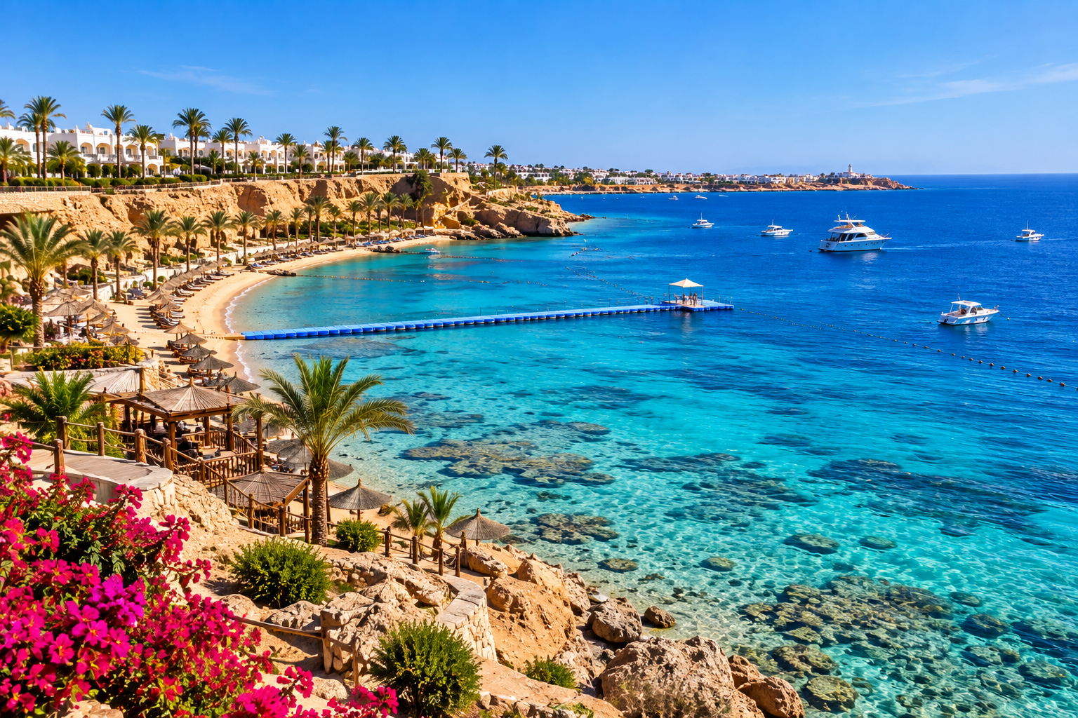 Sharks Bay beach and Red Sea resorts in Sharm El Sheikh