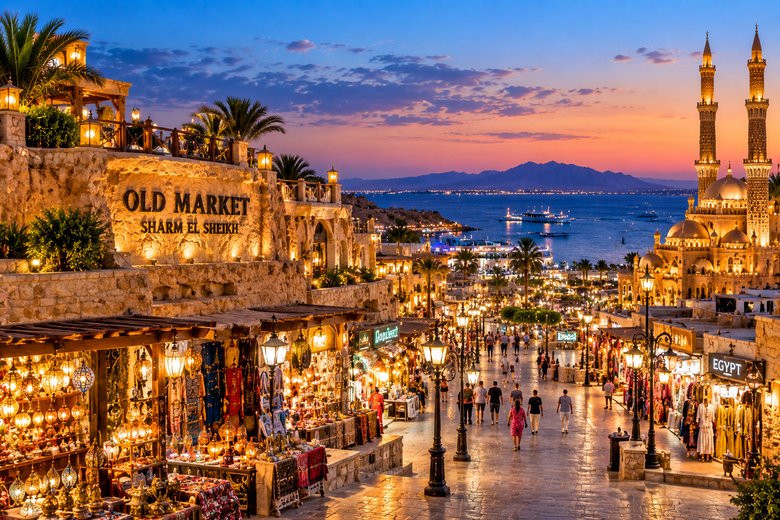 Old Market in Sharm El Sheikh with shops and mosque at sunset