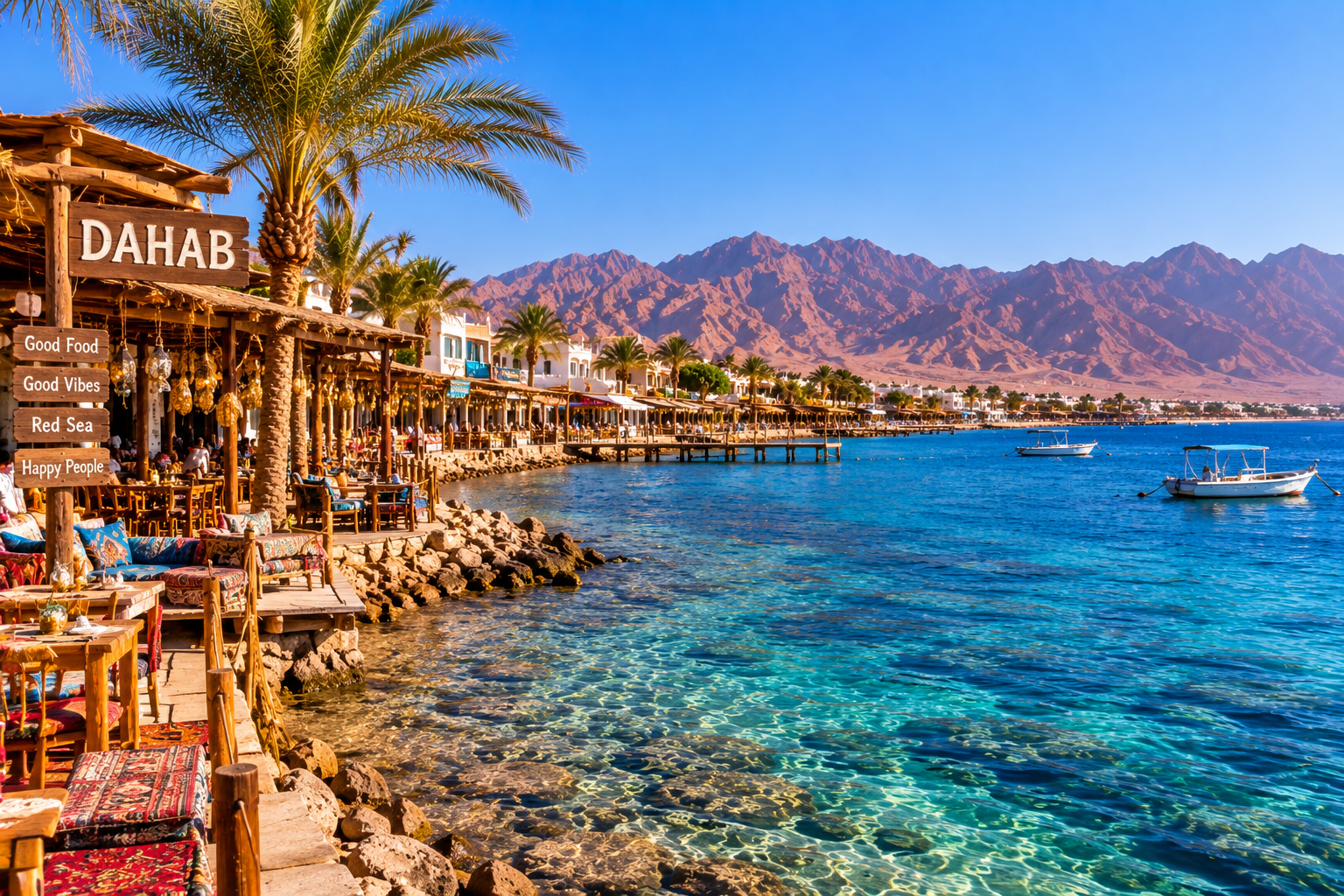 Dahab Red Sea coastline with mountains and waterfront in Egypt
